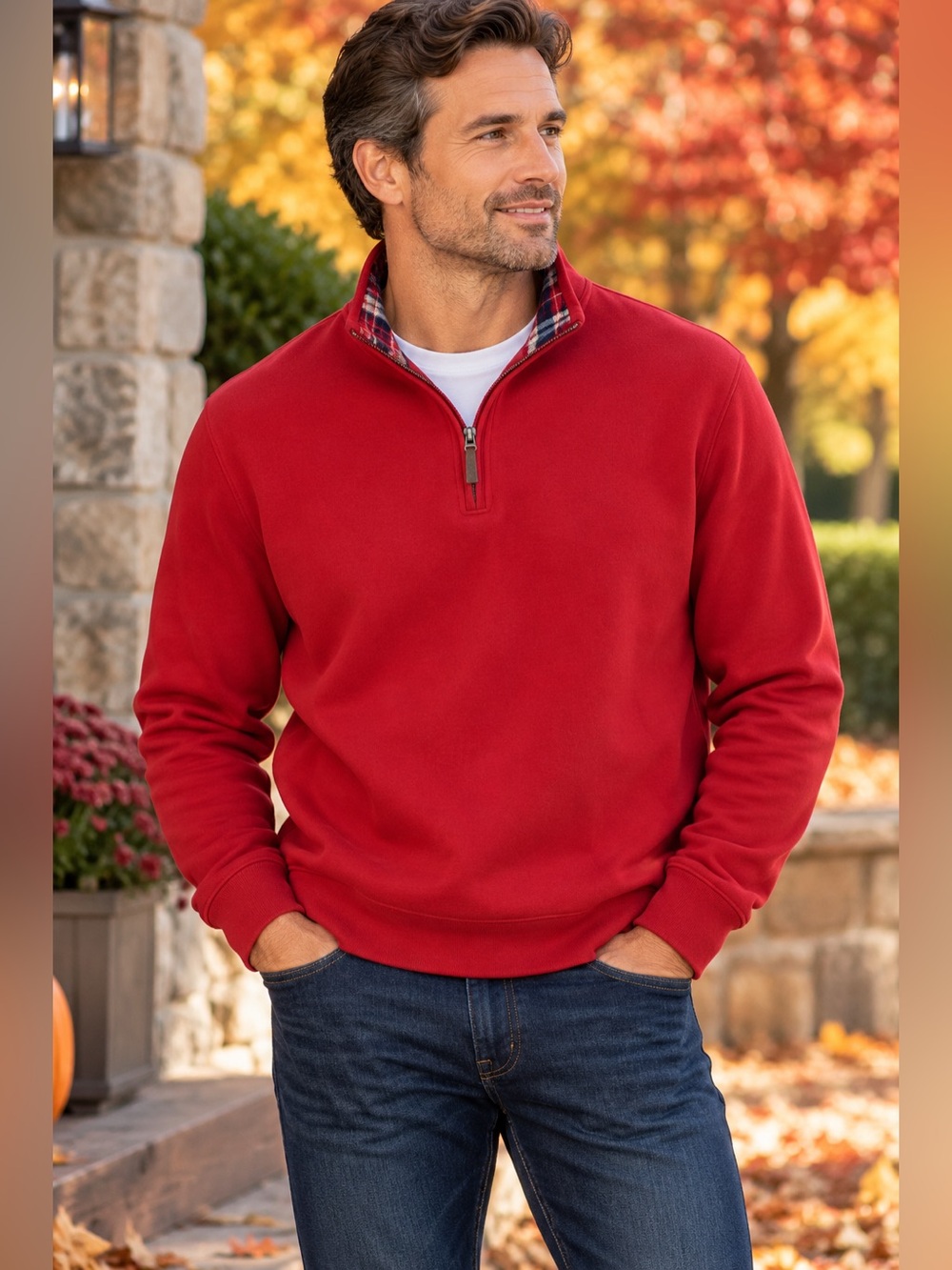 Lands’ End Men’s Quarter Zip Pullover XL Red Plaid Trim Sweatshirt